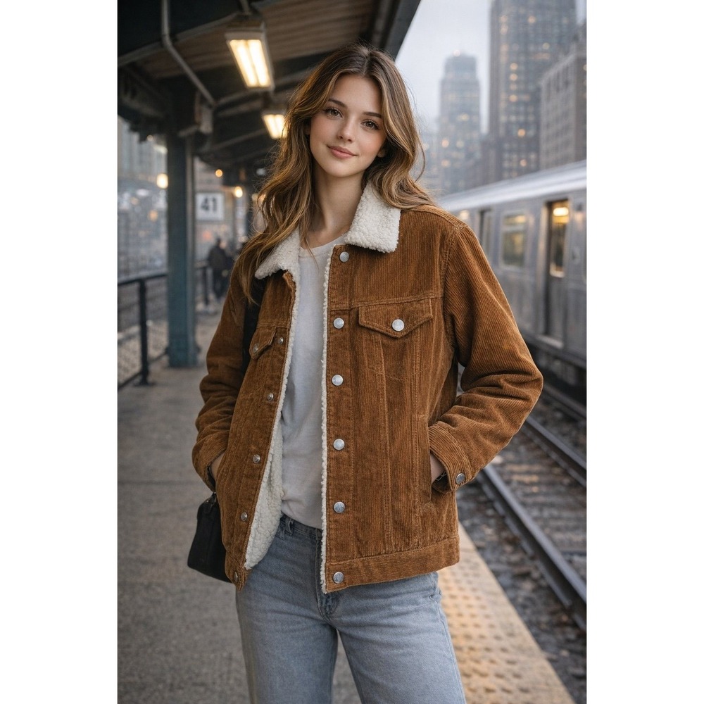 PacSun Brown Corduroy Sherpa Jacket XS Unisex Button Front Cozy